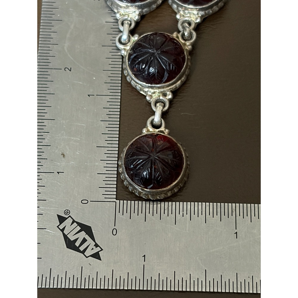 Sterling Silver 925 Carved Red Stone Floral Starburst Drop Necklace 16 Inch - Picture 7 of 8